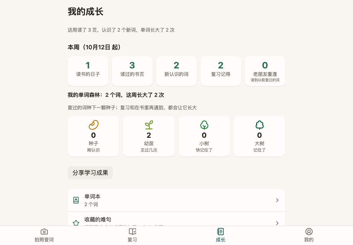 成长页的单词森林:种子、幼苗、小树、大树的数量